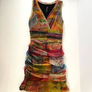 Elana Kattan Dress Womens XS Bodycon Watercolor Ruched Floral Mesh Fairy Y2K